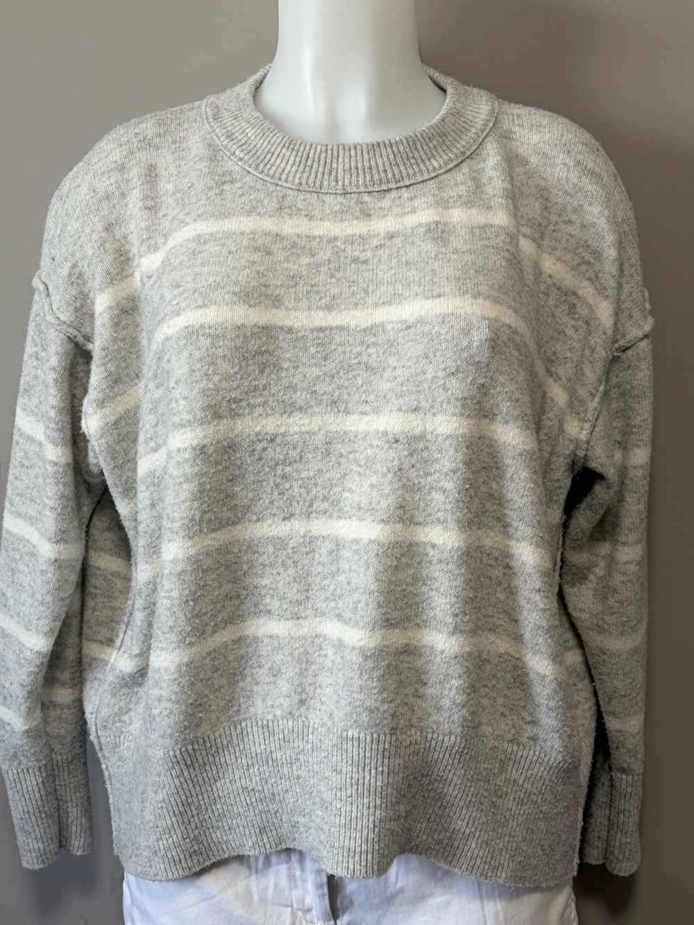 Relaxed Gray & Cream Striped Crewneck Sweater